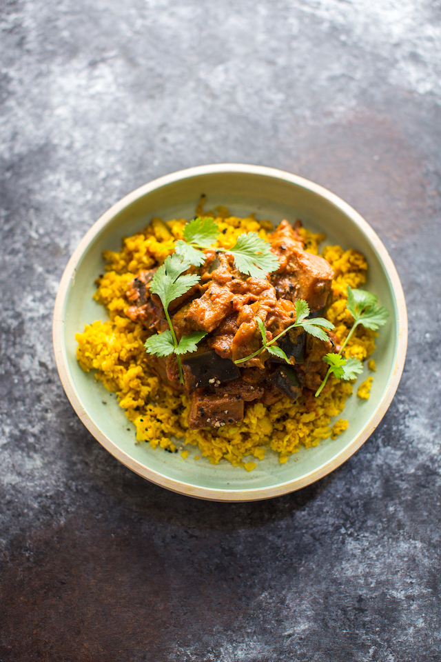 Aubergine Curry with Turmeric Cauliflower Rice | DonalSkehan.com