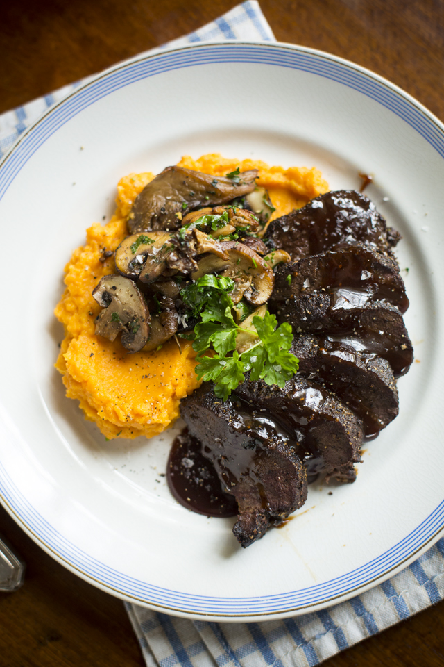 Glazed Spiced Venison with Forest Mushrooms & Sweet Potato Mash | DonalSkehan.com, Perfect dinner party main course! 
