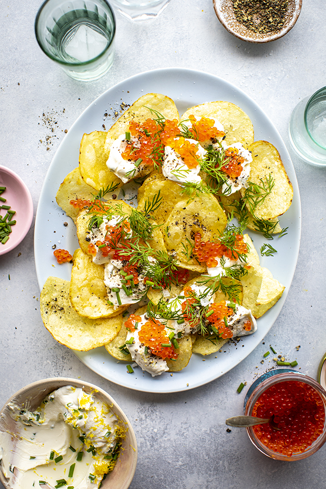 Potato Chips, Trout Roe, Creme Fraiche & Dill & Chives | DonalSkehan.com