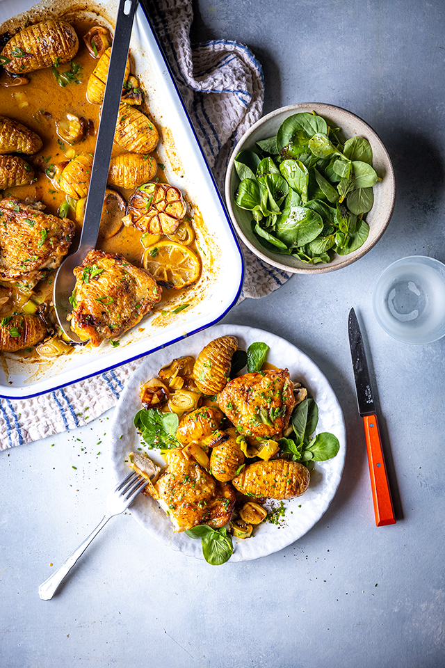 Roast Chicken Thighs with Caramelized Leeks, Hasselback Baby Potatoes, and Thyme. | DonalSkehan.com