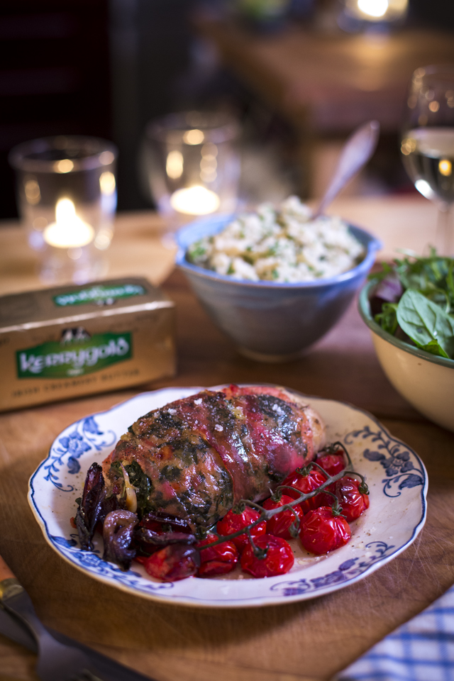 Prosciutto Wrapped Chicken Tray Bake with Herby Butter Stuffing | DonalSkehan.com, An impressive chicken dinner recipe that's easy to prepare and a joy to eat!