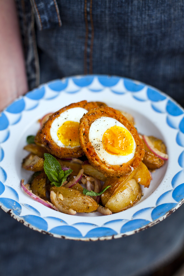 Chorizo Scotch Eggs with Paprika Spiced Potato Salad | DonalSkehan.com, The perfect portable picnic snack! 