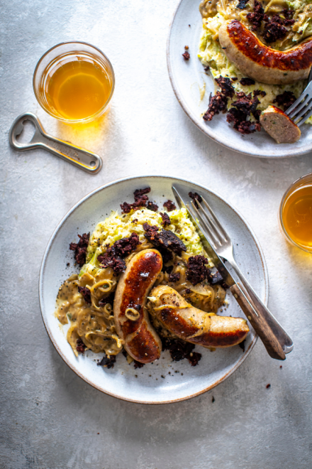 Bangers & Parsnip Mash with Crispy Black Pudding | DonalSkehan.com