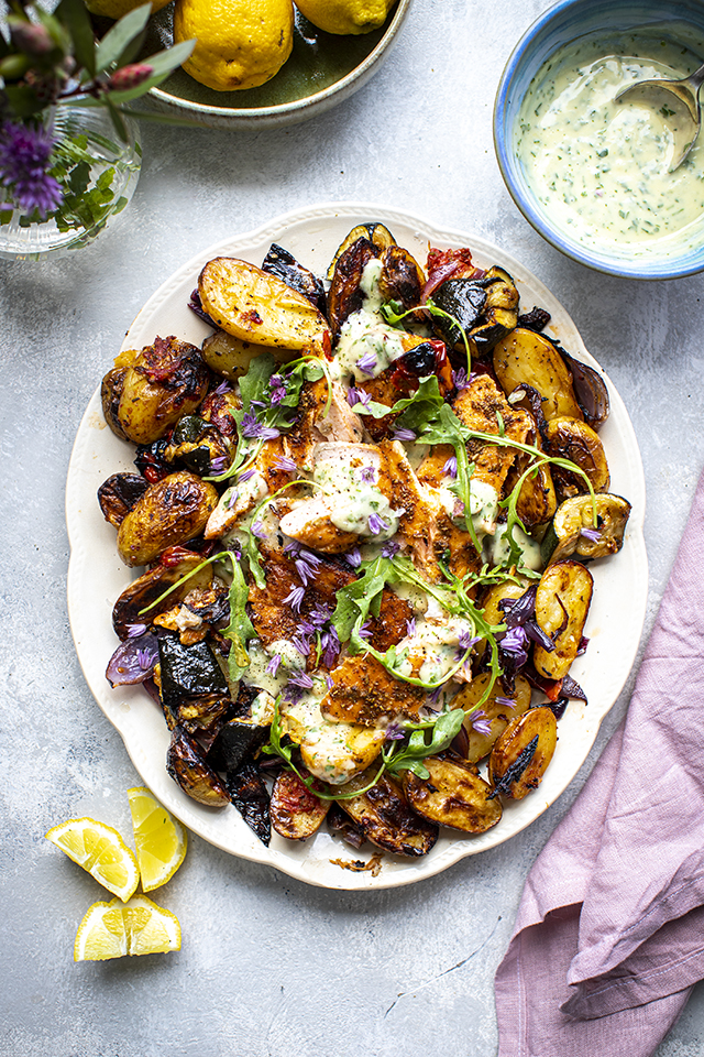 Wood Fired Fennel Salmon, Roasted Veg & Lemon Aioli | DonalSkehan.com