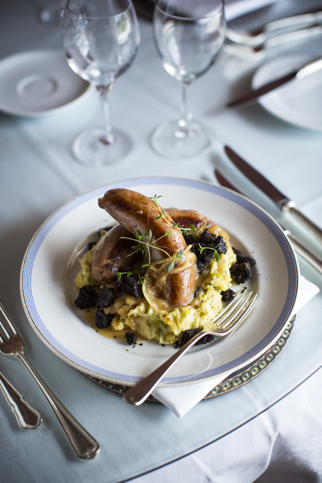 Apple Bangers with Parsnip & Leek Mash, Cider Gravy & Black Pudding Crumble | DonalSkehan.com, Celebrating Irish artisan ingredients.