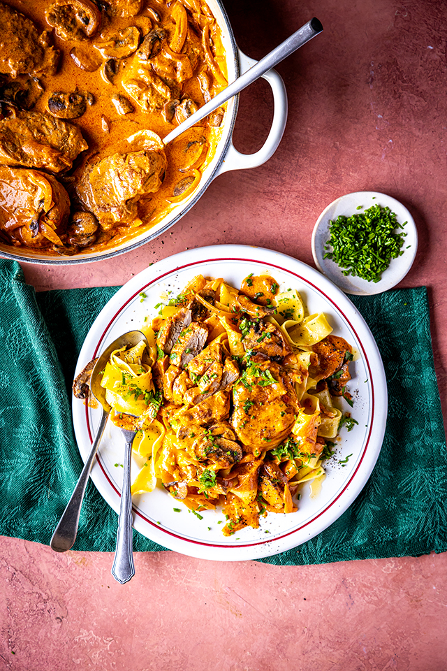 Creamy Smoky Paprika Pork with Buttered Egg Noodles | DonalSkehan.com