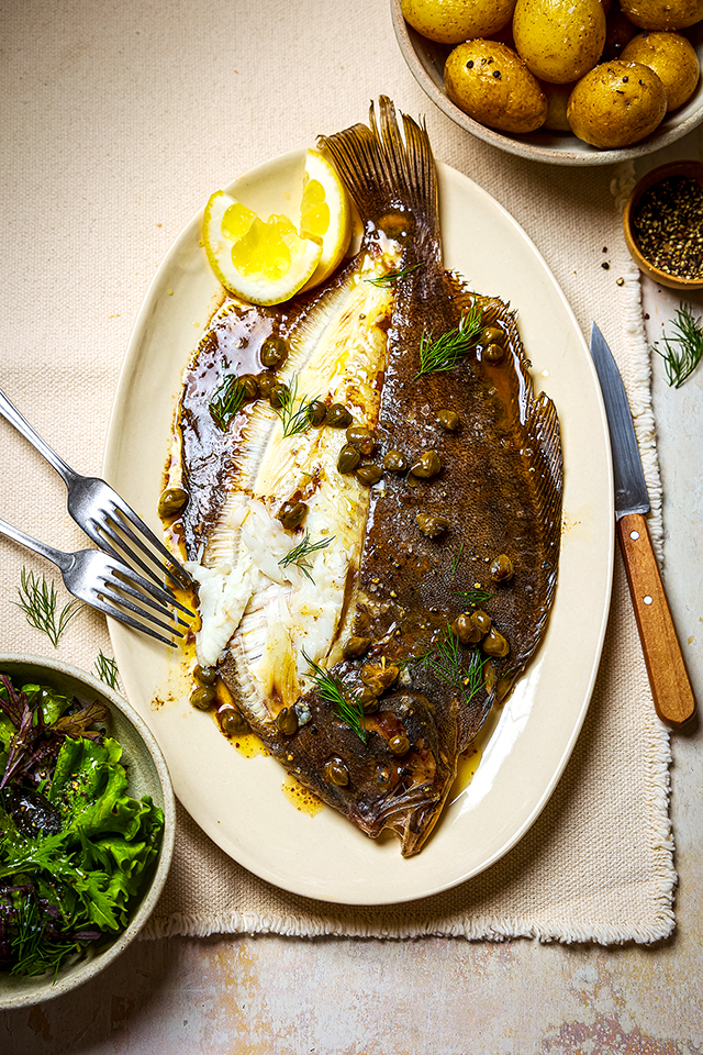Whole Roast Brill with New Potatoes, Capers & Brown Butter & Garden Salad Leaves | DonalSkehan.com