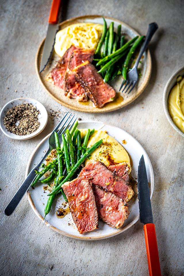 Seared Côte De Boeuf Steak with Pommes Aligot and Green Beans | DonalSkehan.com