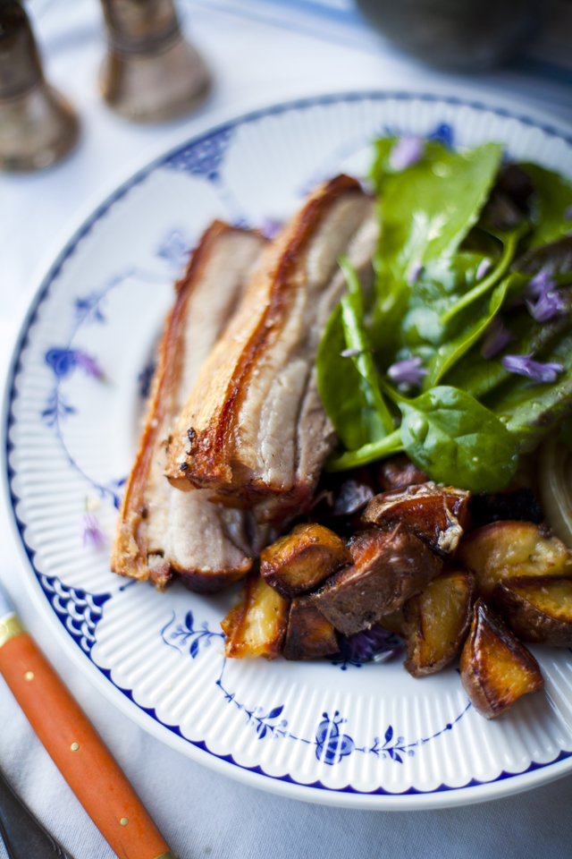 Crispy Pork Belly with Roast Potatoes and Salad Greens | DonalSkehan.com, A real treat, well worth trying! 