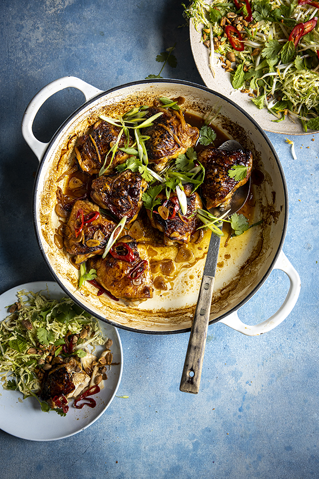 Vietnamese Caramelised Chicken Thighs with Spicy Cabbage Salad | DonalSkehan.com