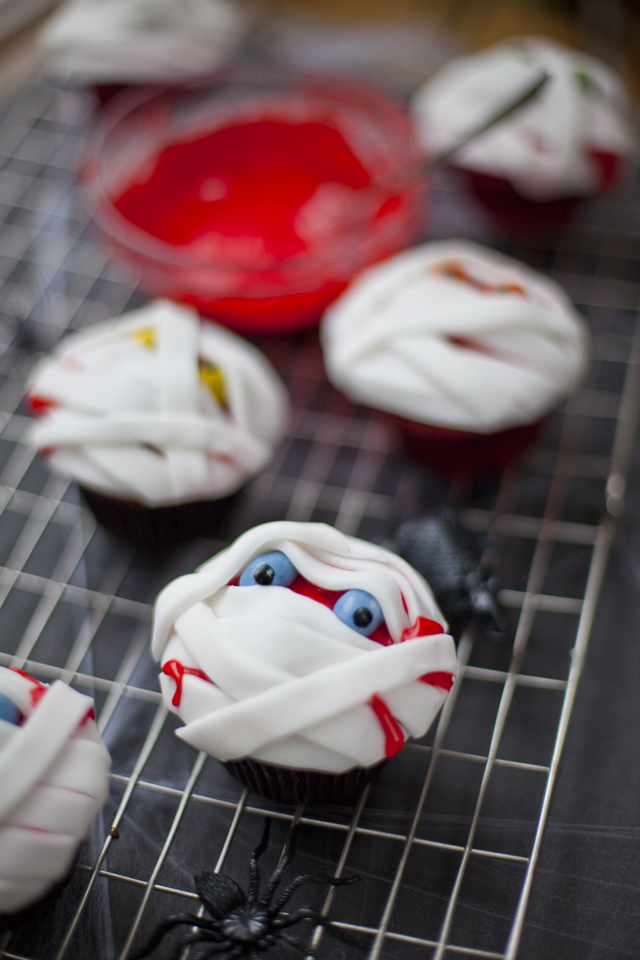 Blood Red Mummy Cupcakes | DonalSkehan.com, Perfect halloween treat to make with kids! 
