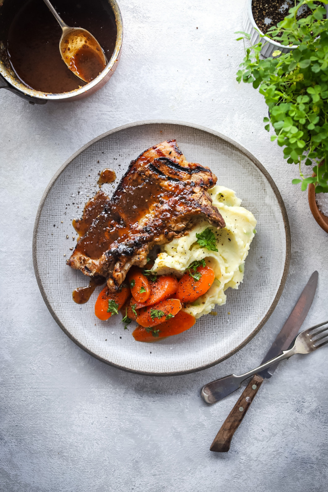 Irish Whiskey and Honey Glazed Pork Chops with Champ Mash and Buttery Herb Carrots | DonalSkehan.com